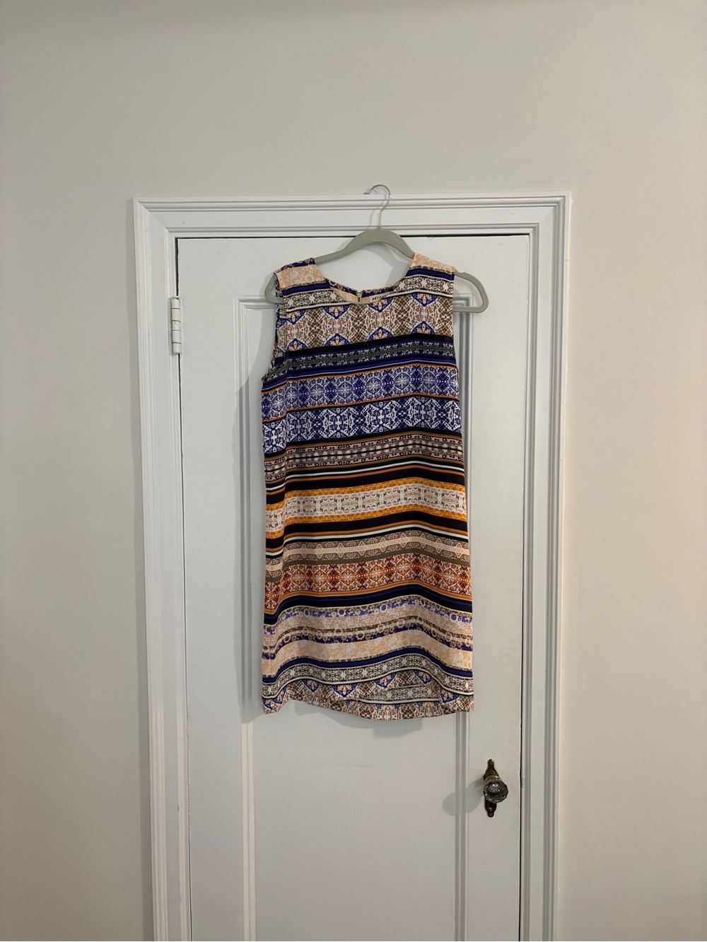 Artisan Ny Striped Sleeveless Shift Dress in Blue, Cream & Tan